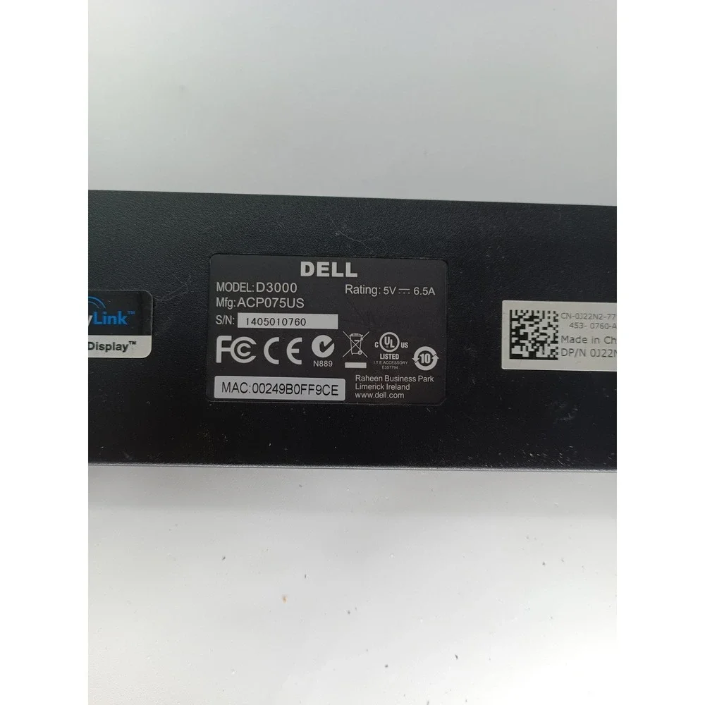 Dell D3000 USB 3.0 Docking Station ACP075US 0J22N2 Black No Cords a15